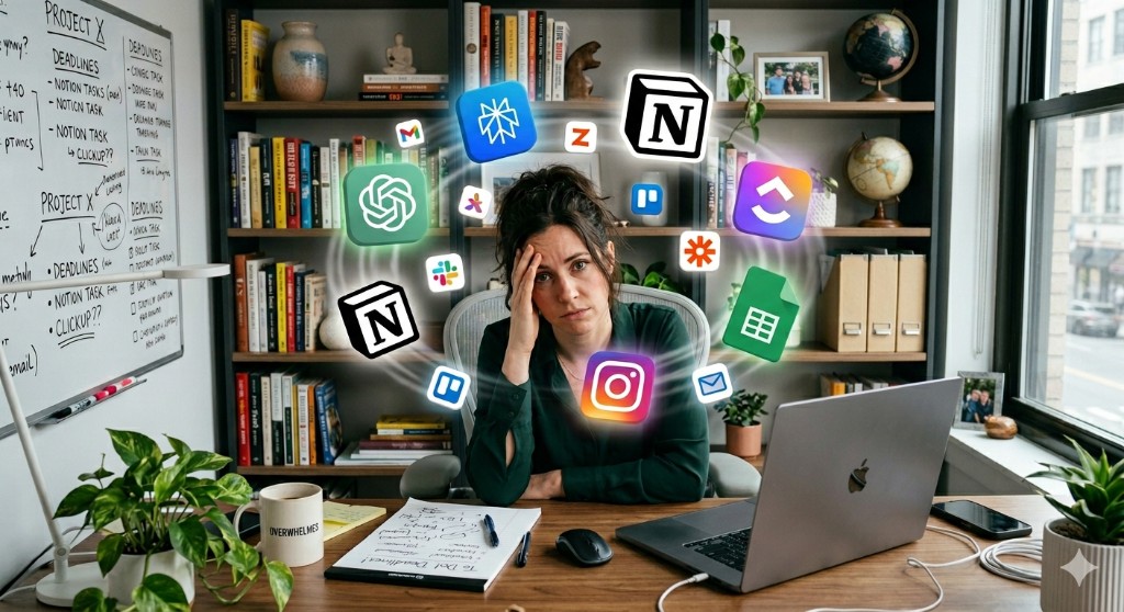 Stressed business operator at a desk, surrounded by a whirl of app icons—visualizing juggling many disconnected AI and productivity tools