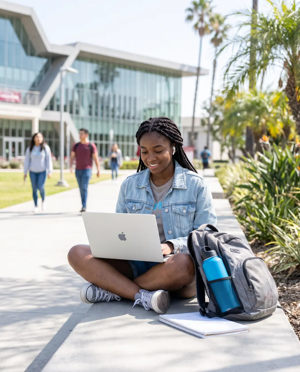 Student working on her laptop on a sunny campus walkway