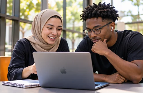 Two students looking over a new landing page on a laptop