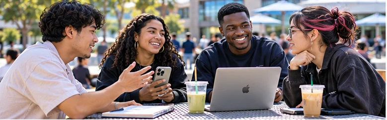 Students talking through a business idea at an outdoor campus table