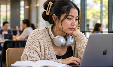 Student researching an idea on her laptop in a campus café