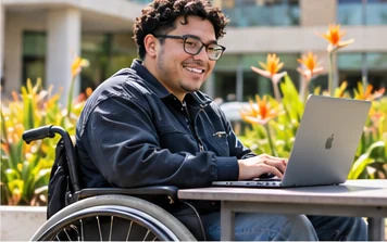 Student working on his laptop at an outdoor table on campus