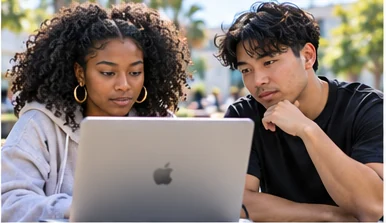 Two students planning their next steps together at a laptop