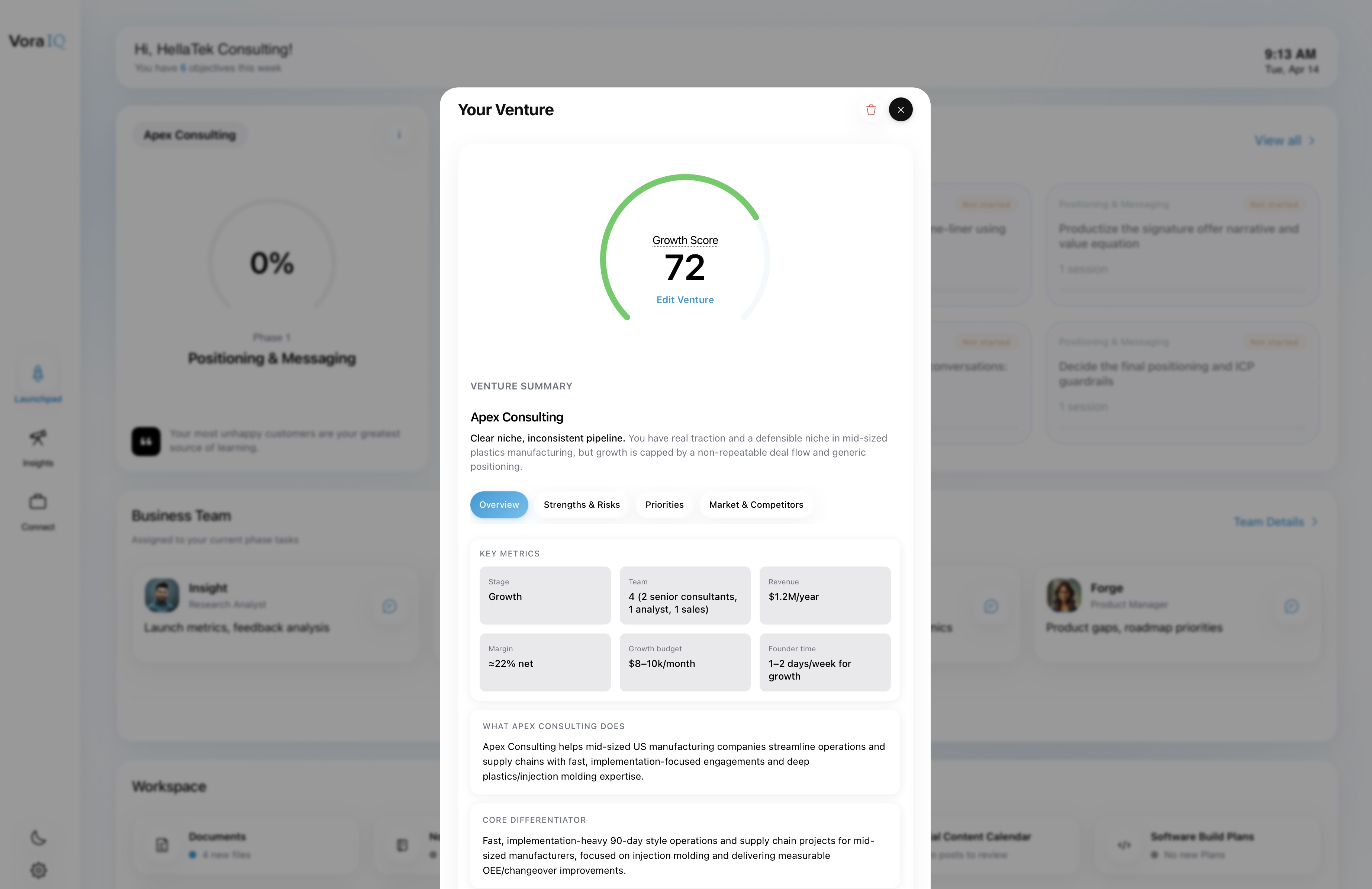 Vora IQ viability score modal — Growth Score 72 with venture summary, key metrics (stage, team, revenue, margin) and tabs for strengths, priorities, and market competitors.